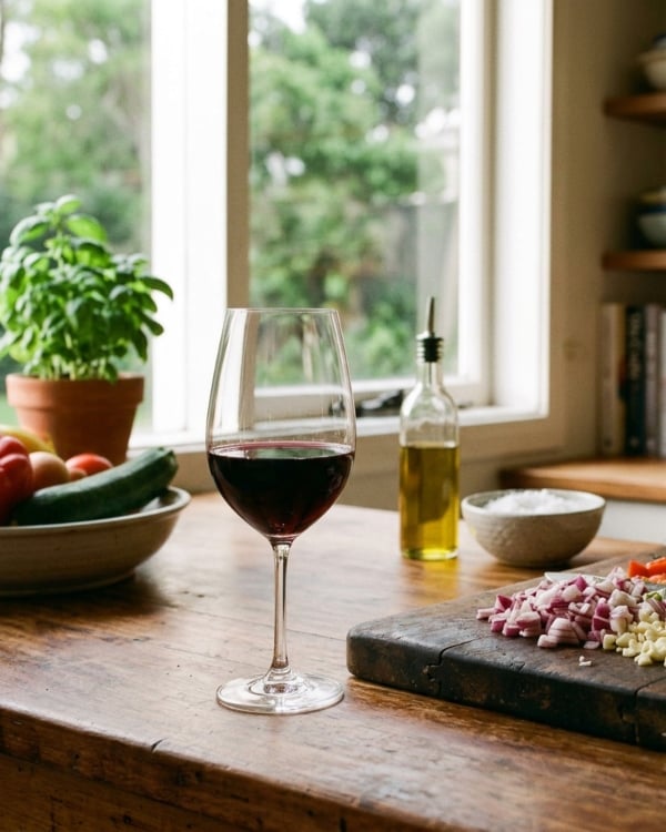 A glass of Hunter Valley Shiraz on the kitchen bench