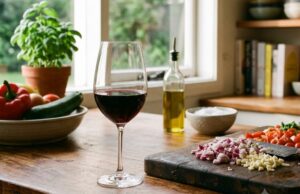 prepping for dinner with a glass ogf Hunter Valley Shiraz